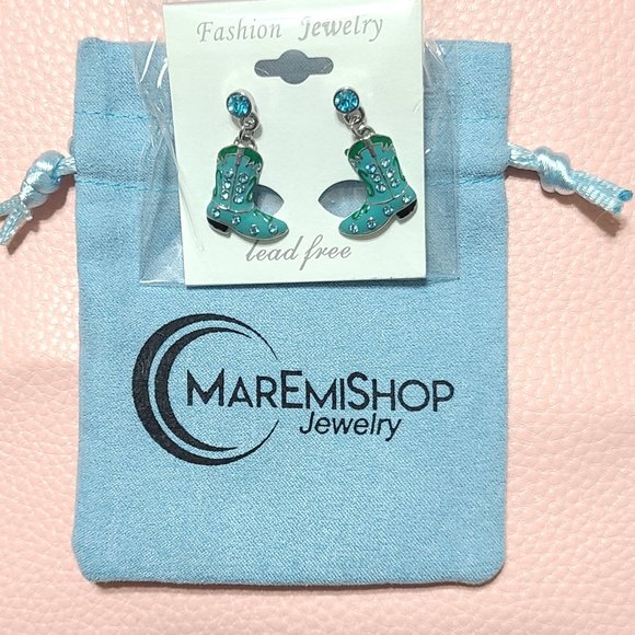 Turquoise Boot Earrings -Western Charm Meets Rhinestone Shine - Picture 7 of 9